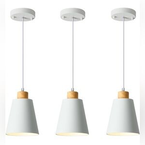 White Pendant Light Kitchen Island Wood Pendants Adjustable Cord,5.94 inch,3 PCS